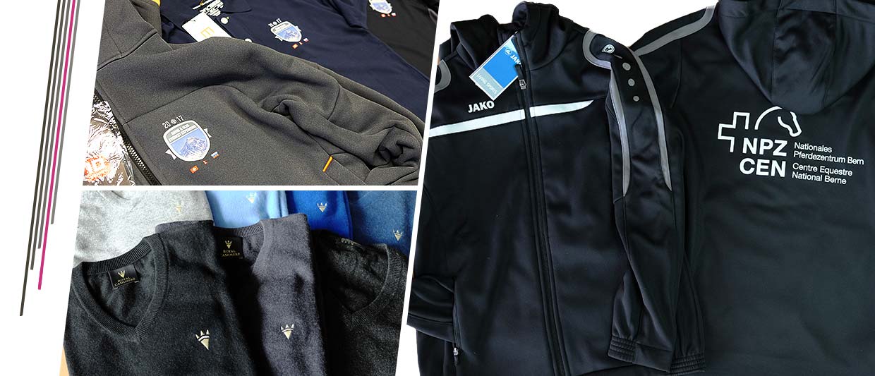 Textildruck NPZ und Stickerei für royal cashmere Stick und Textildruck für Royal Cashmere und das Nationale Pferdezentrum Bern