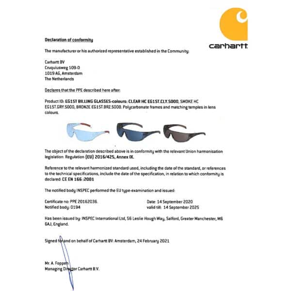 Konformitätserklärung zu Carhartt Billings Sicherheitsbrille EU EG1ST