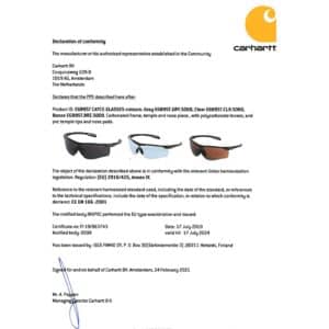 Konformitätserklärung für Carhartt Cayce Sicherheitsbrille EU EGB9ST