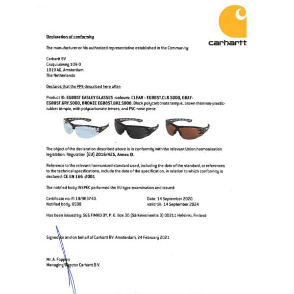 Carhartt Konformitätserklärung EASELY Sicherheitsbrille EU EGB8ST