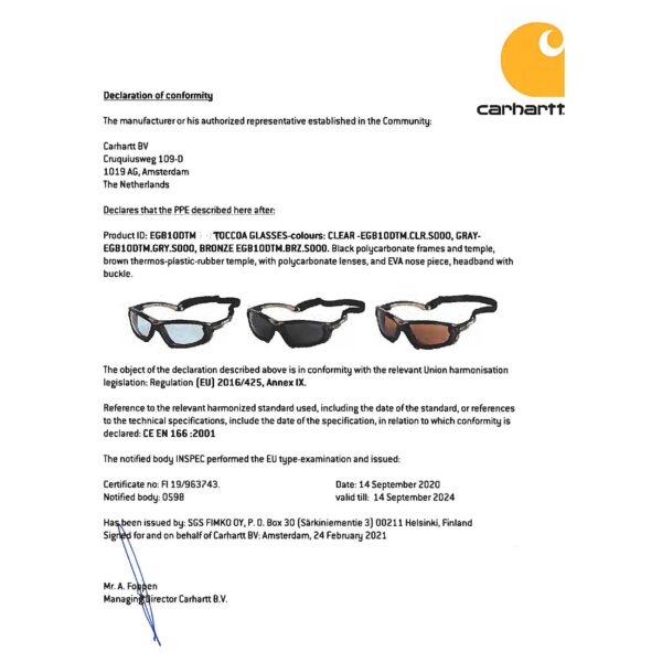 Carhartt Konformitätserklärung TOCCOA Sicherheitsbrille EU EGB10DTM-BRZ
