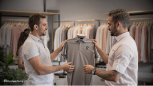 Textildruck-Beratung: Zwei Fachleute diskutieren über ein hochwertiges Poloshirt mit Firmenlogo