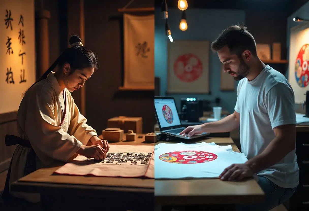 Hochwertiger Textildruck mit Goldfolie-Veredelung auf weißem und schwarzem T-Shirt mit geometrischem Löwen-Design