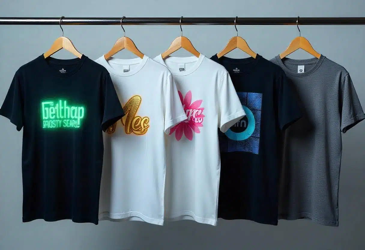 Hochwertiger Textildruck mit Goldfolie-Veredelung auf weißem und schwarzem T-Shirt mit geometrischem Löwen-Design