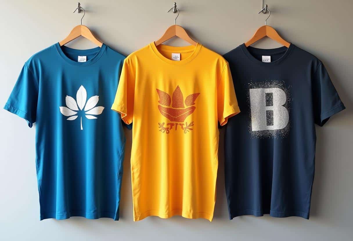 aufgehaengte-t-shirts-verschieden-bedruckt Hochwertiger Textildruck mit Goldfolie-Veredelung auf weißem und schwarzem T-Shirt mit geometrischem Löwen-Design