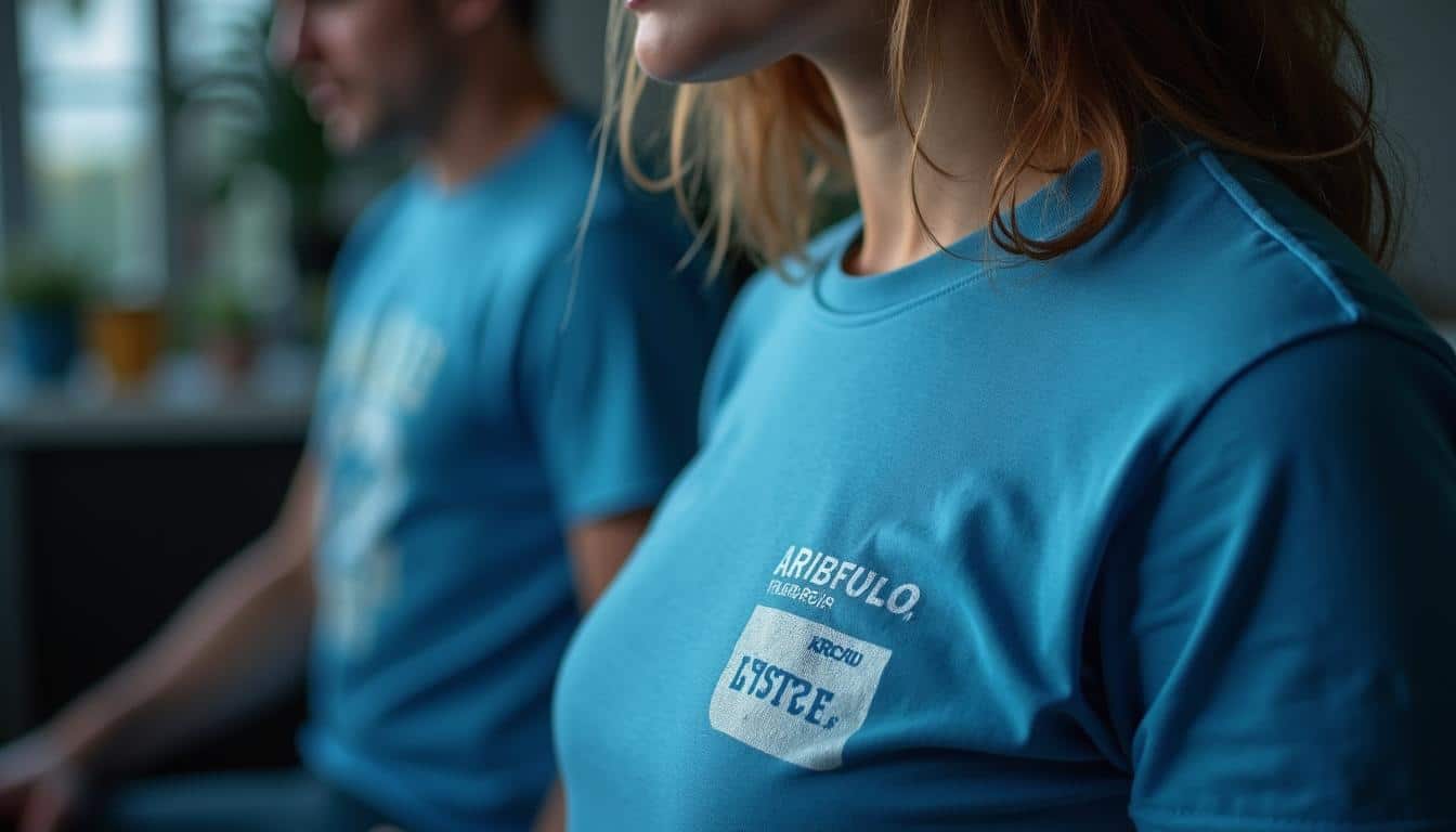 frau-mit-bedrucktem-t-shirt Beispiel für fehlerhaften Textildruck mit Durchbluten-Effekt auf rotem T-Shirt