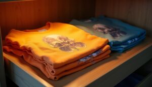 Liegend und gefaltete Lagerung der bedruckten T-Shirts. 