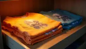 Liegend und gefaltete Lagerung der bedruckten T-Shirts. 