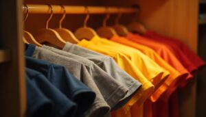 Hängend gelagerte bedruckte T-Shirts ist sicher besser und schonender für den Druck