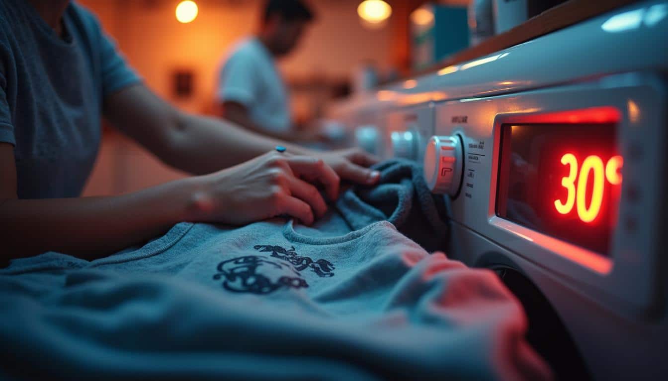 waschmaschine-30-grad Beispiel für fehlerhaften Textildruck mit Durchbluten-Effekt auf rotem T-Shirt