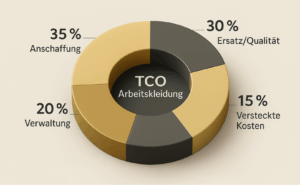 3D-Diagramm der TCO-Analyse für Arbeitskleidung, das die prozentuale Verteilung der Kosten zeigt: 35 % Anschaffung, 30 % Ersatz/Qualität, 20 % Verwaltung, 15 % versteckte Kosten; Thema ist die Kostenoptimierung für Schweizer KMUs.